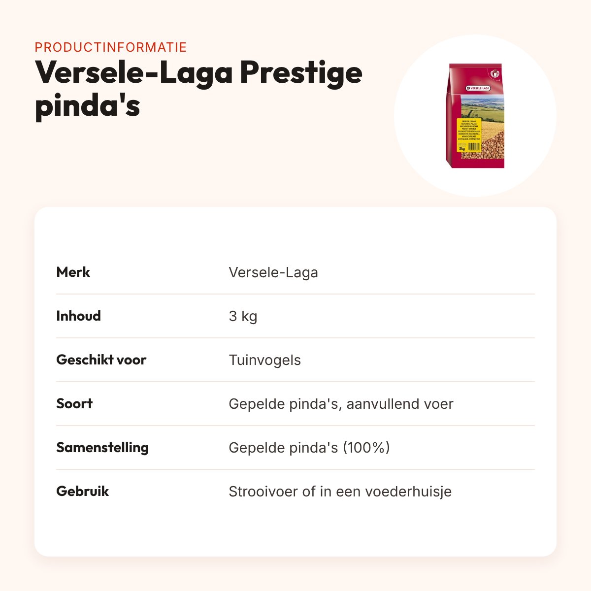 Versele-Laga Prestige gepelde pinda's 3 kg – aanvullend voer tuinvogels – productinformatie
