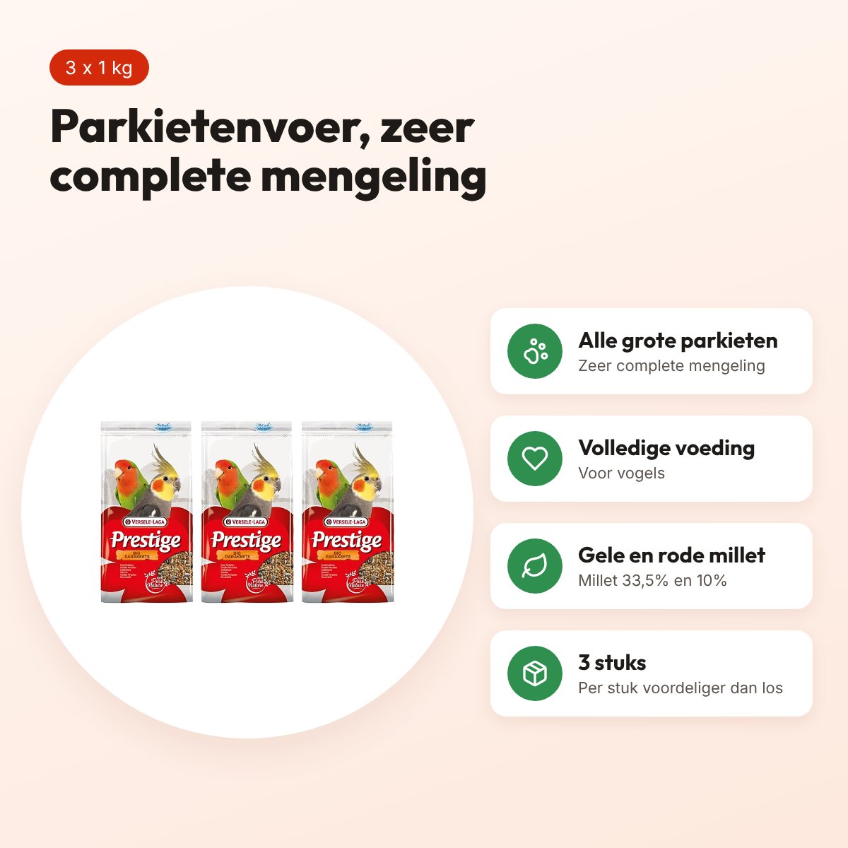 Versele-Laga Prestige grote parkiet parkietenvoer 1 kg – multipack 3 stuks – voordelen