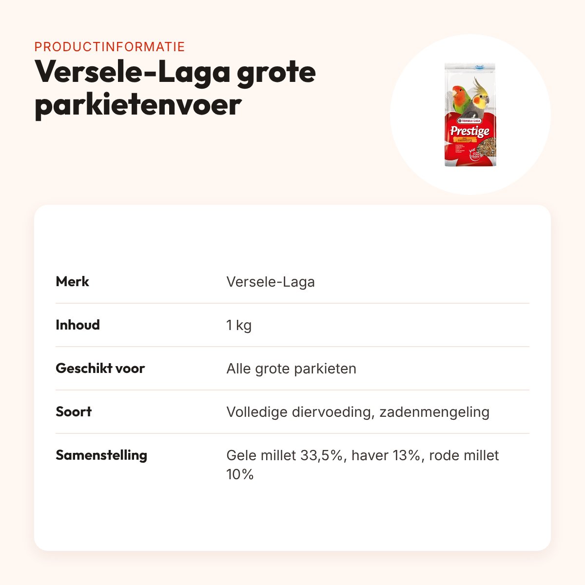 Versele-Laga Prestige grote parkietenvoer 1 kg – complete mengeling – productinformatie