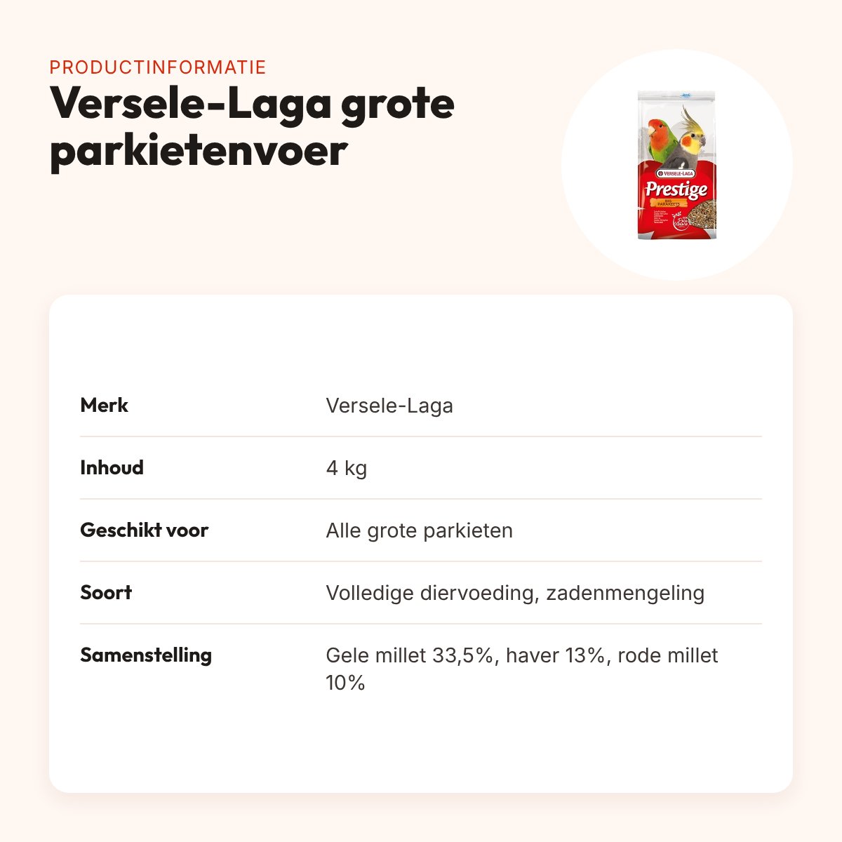 Versele-Laga Prestige grote parkietenvoer 4 kg – complete mengeling – productinformatie