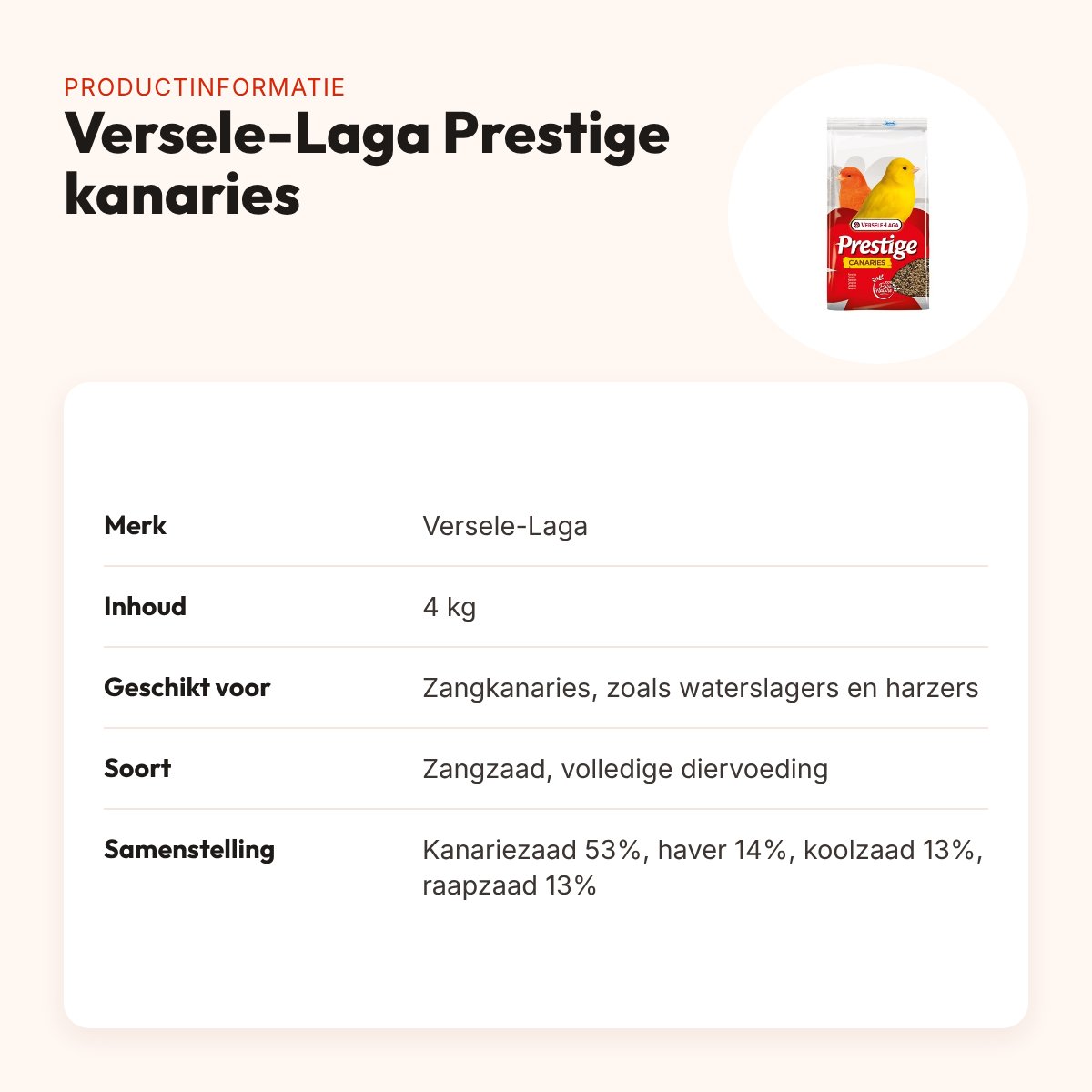 Versele-Laga Prestige kanaries zangzaad 4 kg – traditionele mengeling – productinformatie
