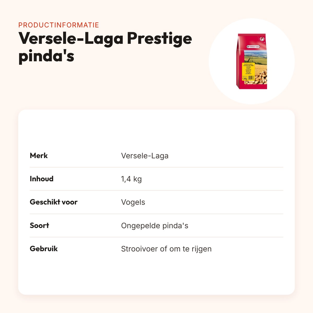 Versele-Laga Prestige ongepelde pinda's 1,4 kg – strooivoer – productinformatie