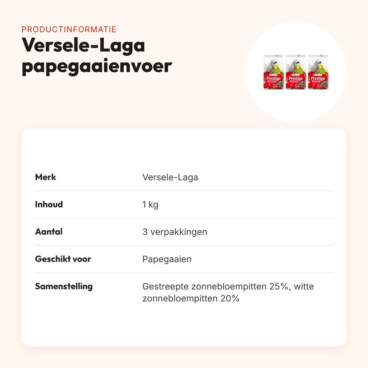Versele-Laga Prestige papegaaienvoer 1 kg – graanrijk – multipack 3 stuks – productinformatie
