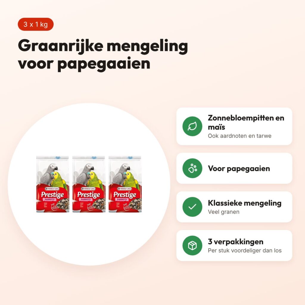 Versele-Laga Prestige papegaaienvoer 1 kg – graanrijk – multipack 3 stuks – voordelen