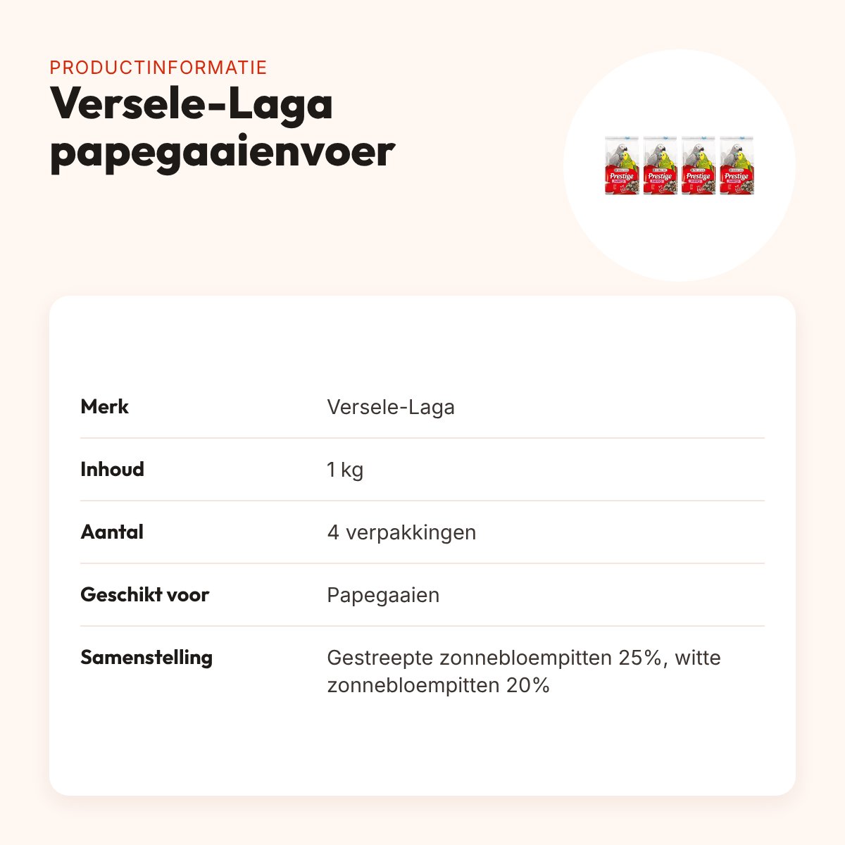 Versele-Laga Prestige papegaaienvoer 1 kg – graanrijk – multipack 4 stuks – productinformatie