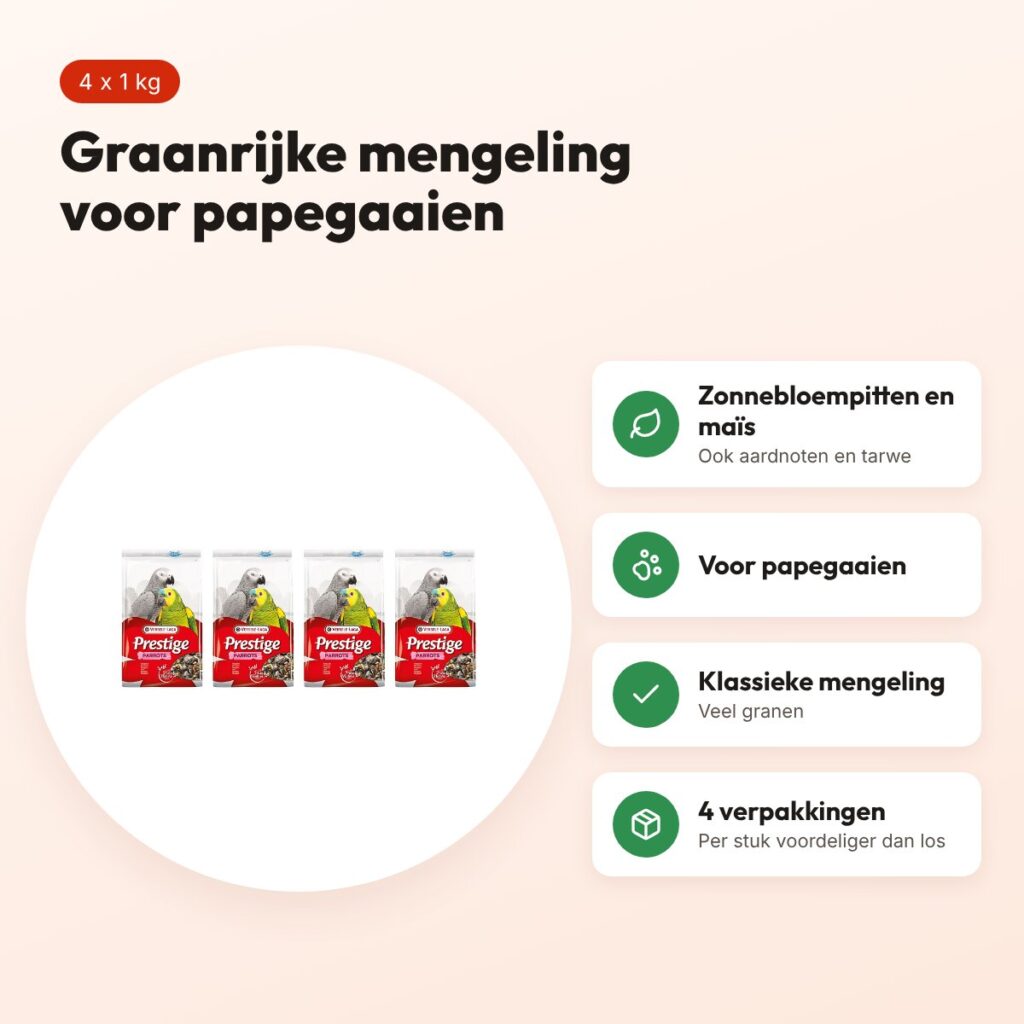 Versele-Laga Prestige papegaaienvoer 1 kg – graanrijk – multipack 4 stuks – voordelen