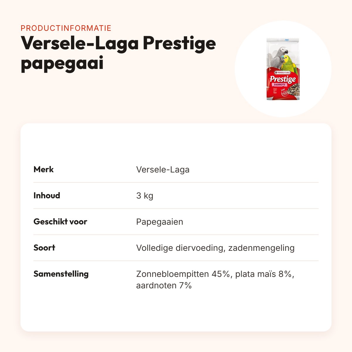 Versele-Laga Prestige papegaaienvoer 3 kg – graanrijke mengeling – productinformatie