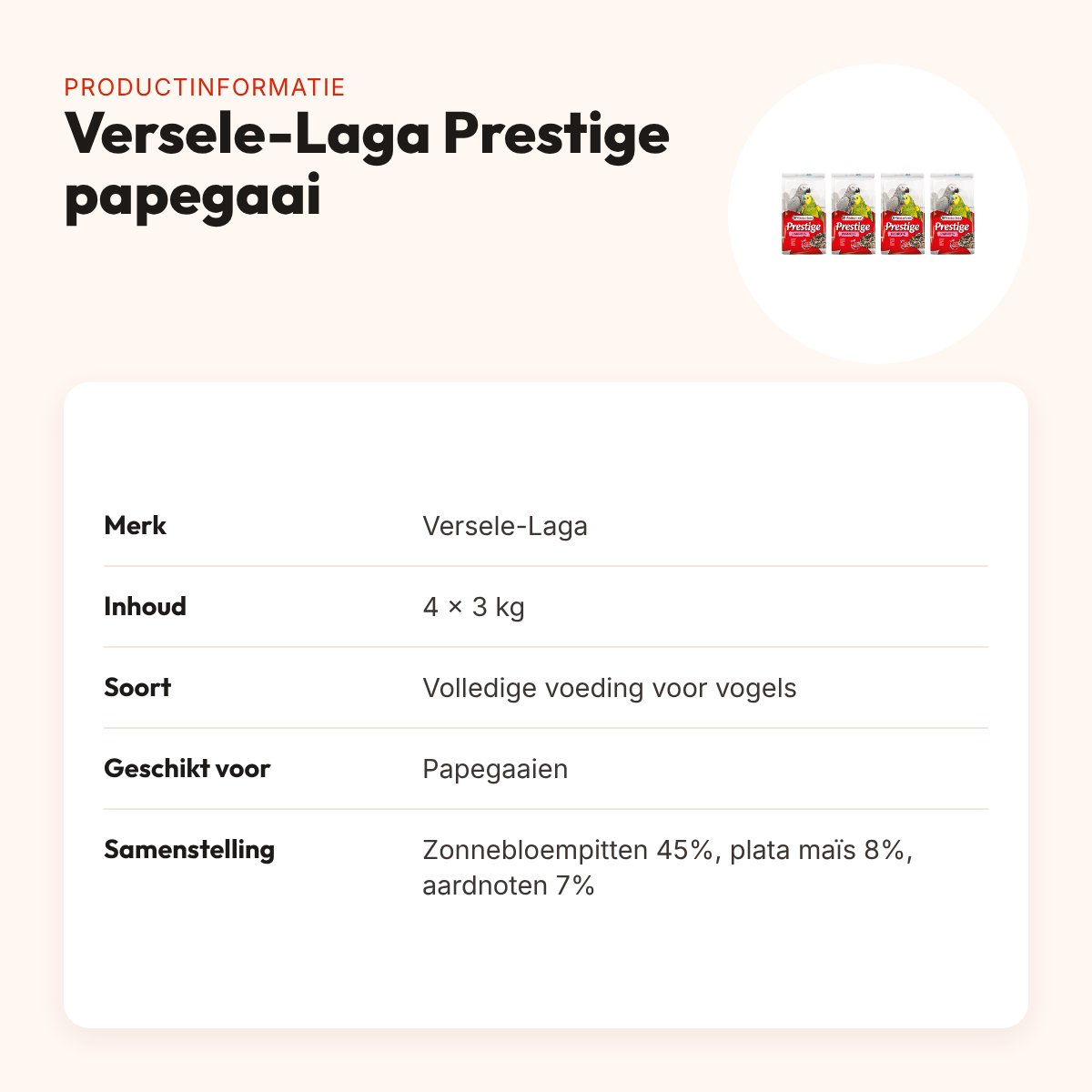 Versele-Laga Prestige papegaaienvoer granenmix 3 kg – multipack 4 stuks – productinformatie