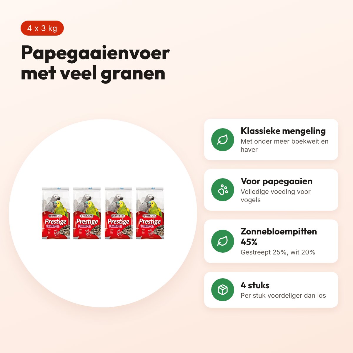 Versele-Laga Prestige papegaaienvoer granenmix 3 kg – multipack 4 stuks – voordelen