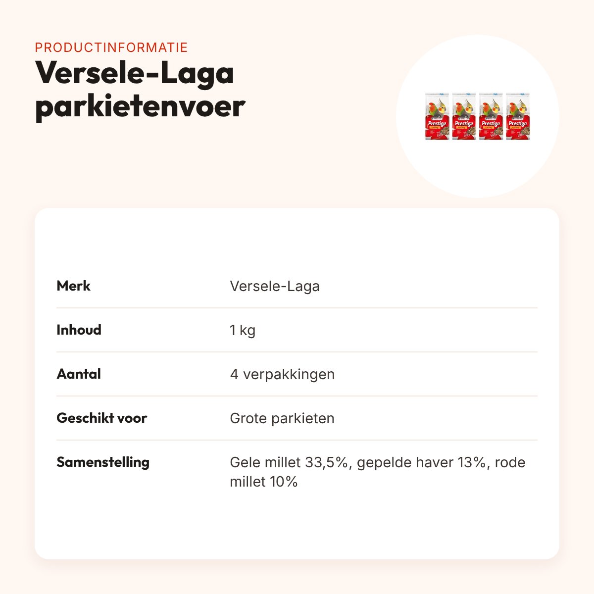 Versele-Laga Prestige parkietenvoer grote parkiet 1 kg – multipack 4 stuks – productinformatie