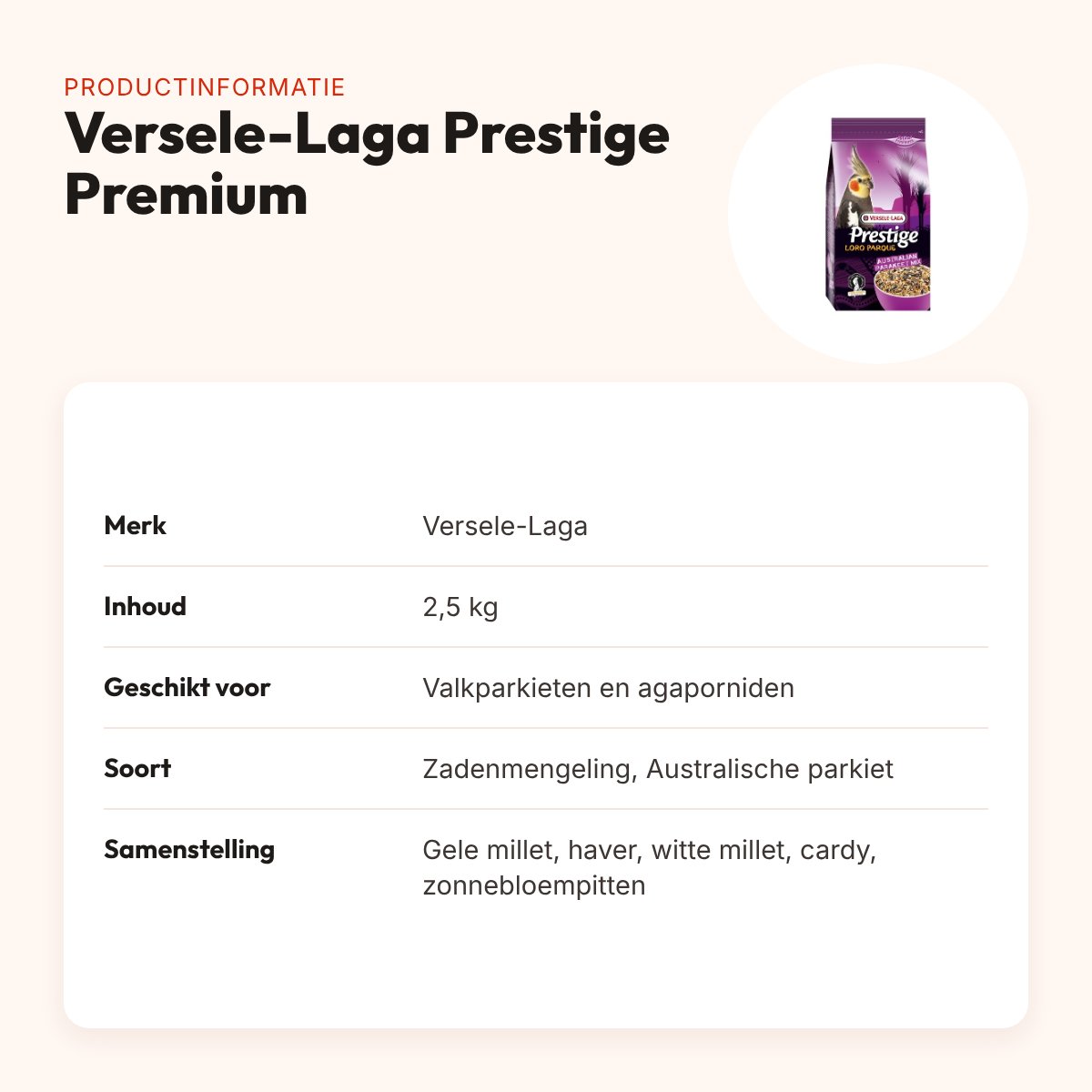 Versele-Laga Prestige Premium Australische parkiet 2,5 kg – valkparkiet – productinformatie