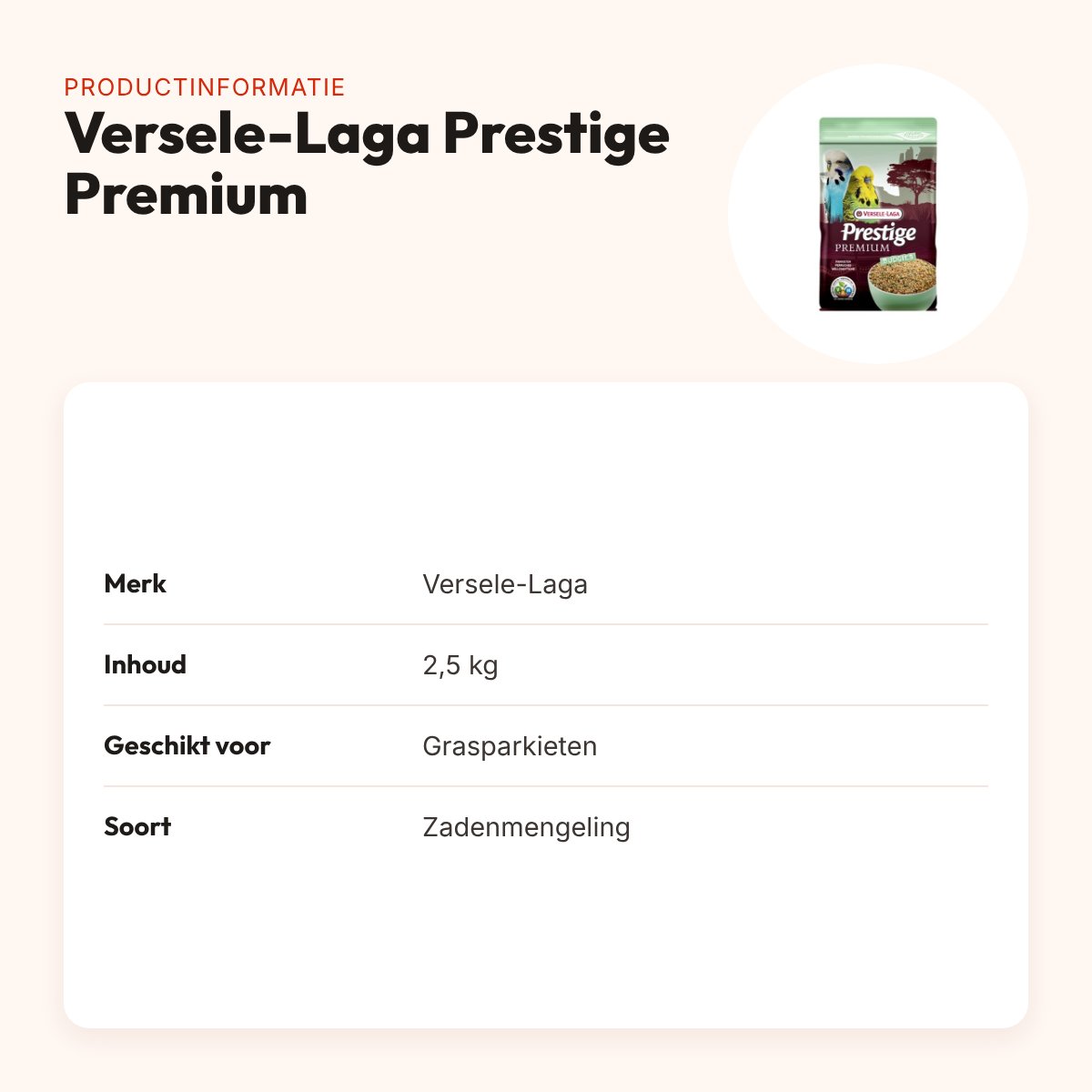 Versele-Laga Prestige Premium grasparkietenvoer 2,5 kg – zadenmengeling – productinformatie