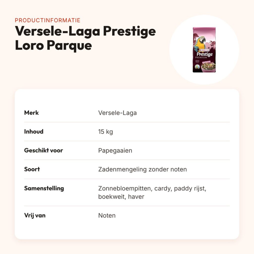 Versele-Laga Prestige Premium Loro Parque papegaaienvoer zonder noten 15 kg – productinformatie