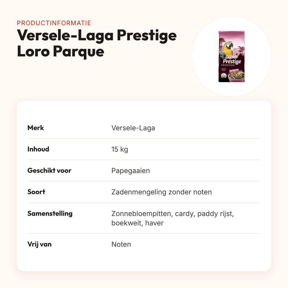 Versele-Laga Prestige Premium Loro Parque papegaaienvoer zonder noten 15 kg – productinformatie