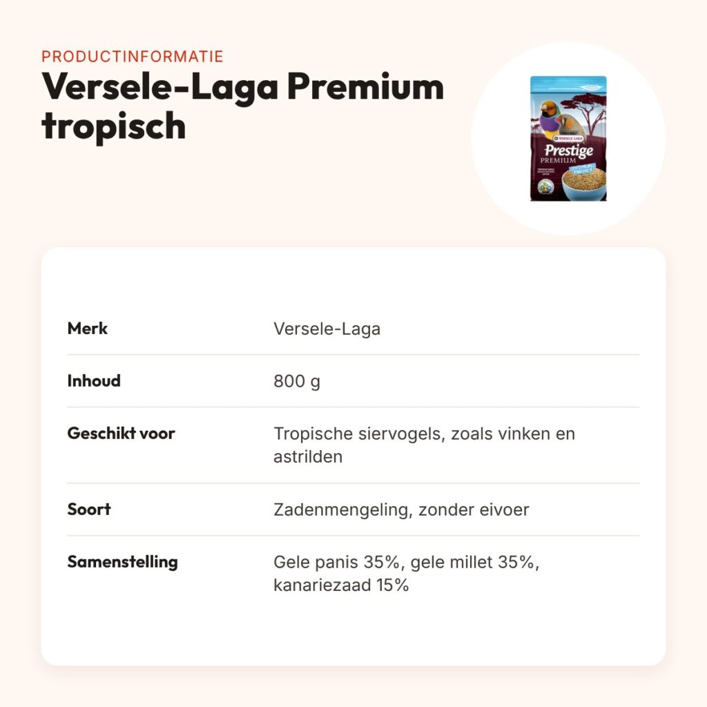 Versele-Laga Prestige Premium tropische vogel 800 g – zadenmengeling – productinformatie