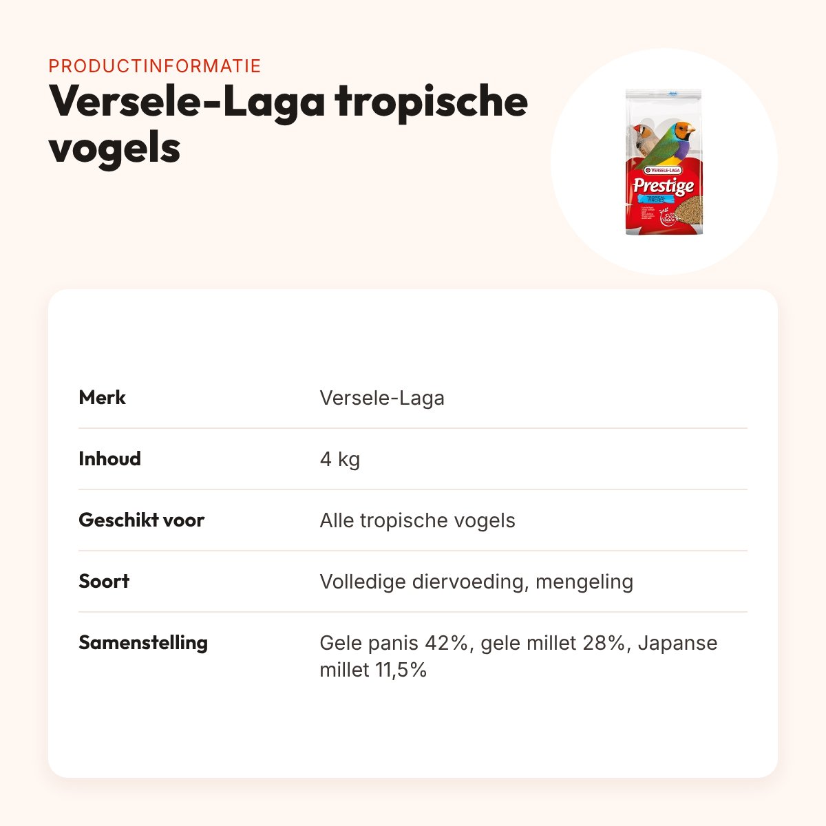 Versele-Laga Prestige tropische vogels vogelvoer 4 kg – mengeling – productinformatie