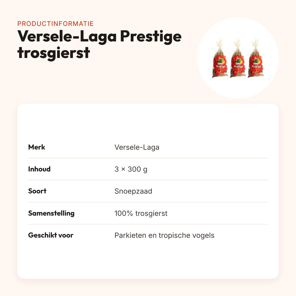 Versele-Laga Prestige trosgierst 300 g – multipack 3 stuks – productinformatie