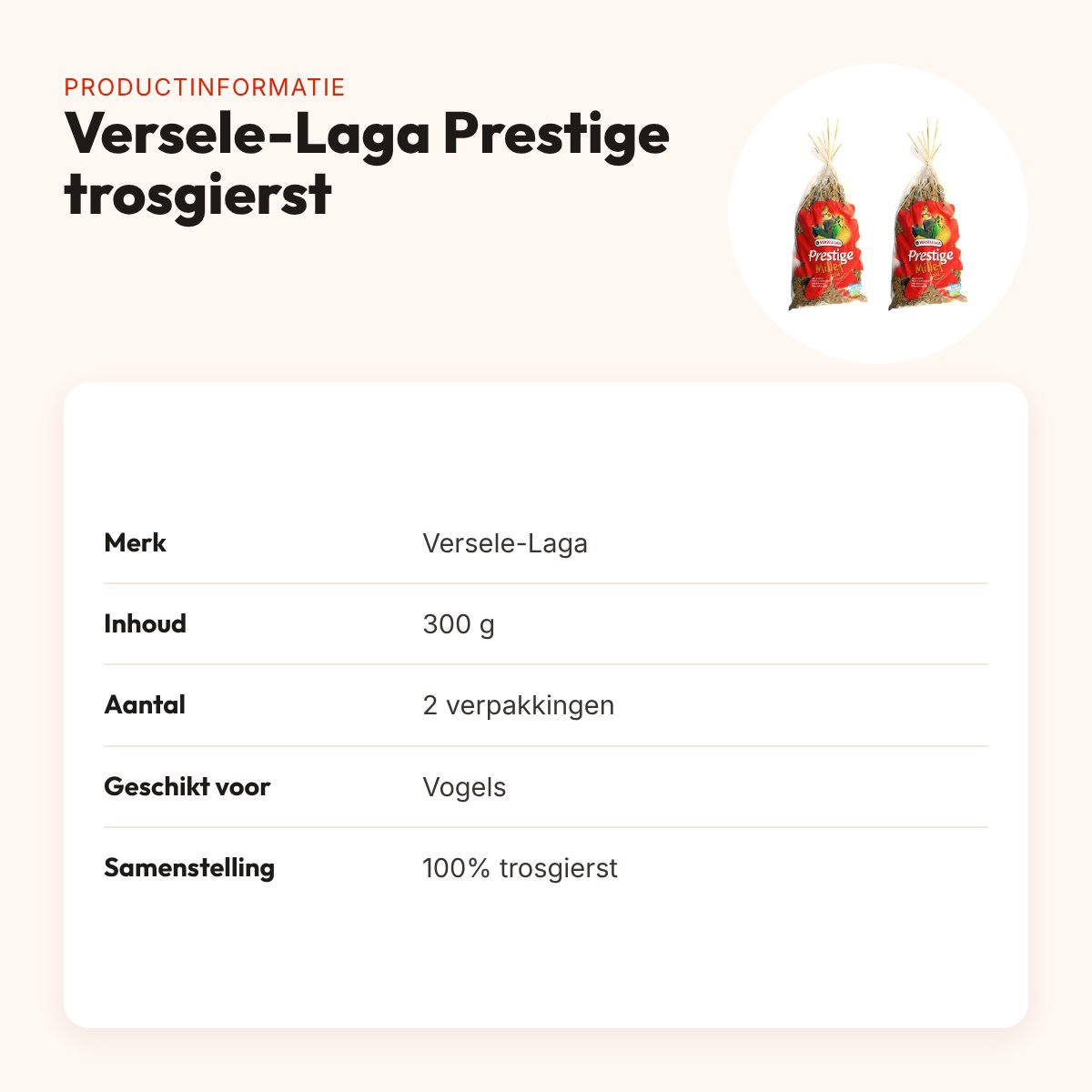 Versele-Laga Prestige trosgierst 300 g – snoepzaad – multipack 2 stuks – productinformatie