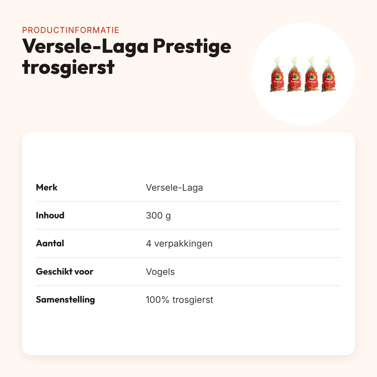 Versele-Laga Prestige trosgierst 300 g – snoepzaad – multipack 4 stuks – productinformatie