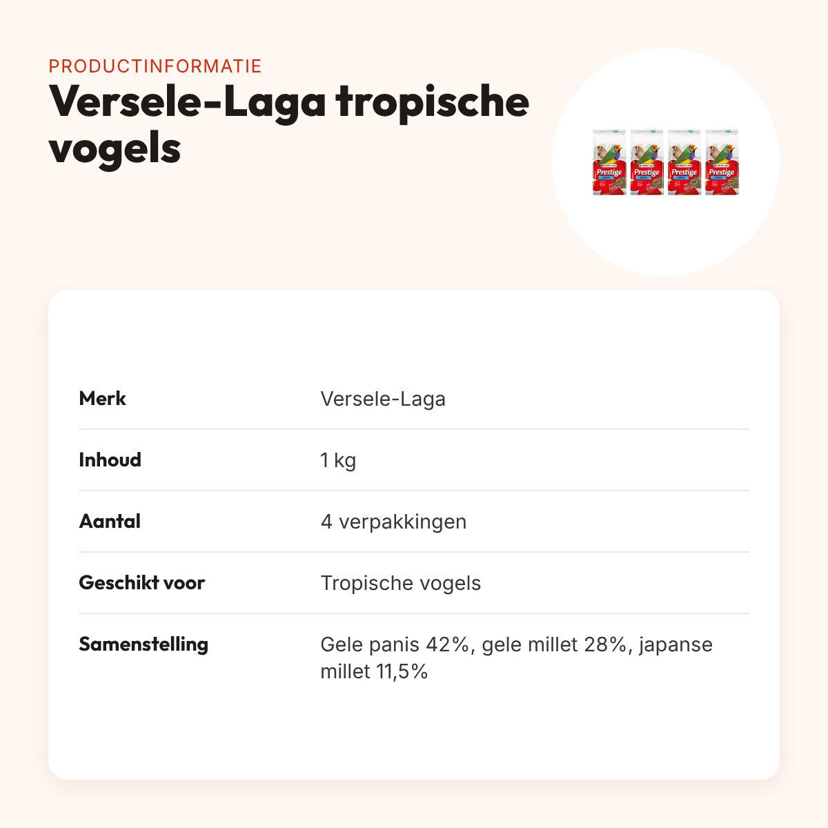 Versele-Laga Prestige vogelvoer tropische vogels 1 kg – multipack 4 stuks – productinformatie
