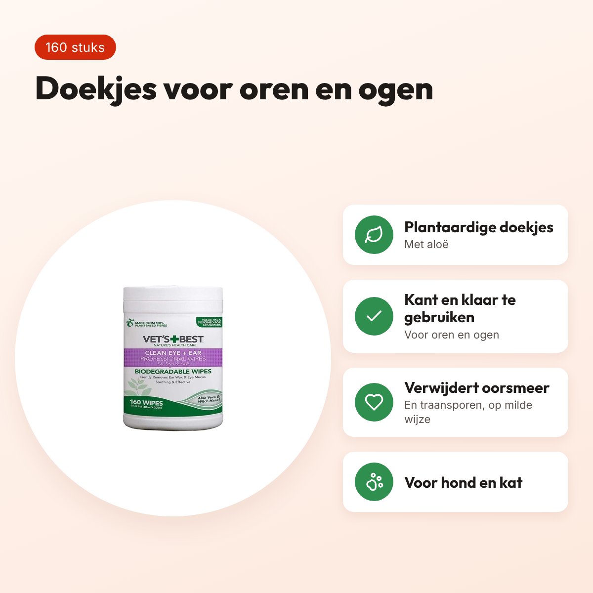 Vet's Best Clean Ear/Eye wipes 160 stuks – plantaardig, hond en kat – voordelen
