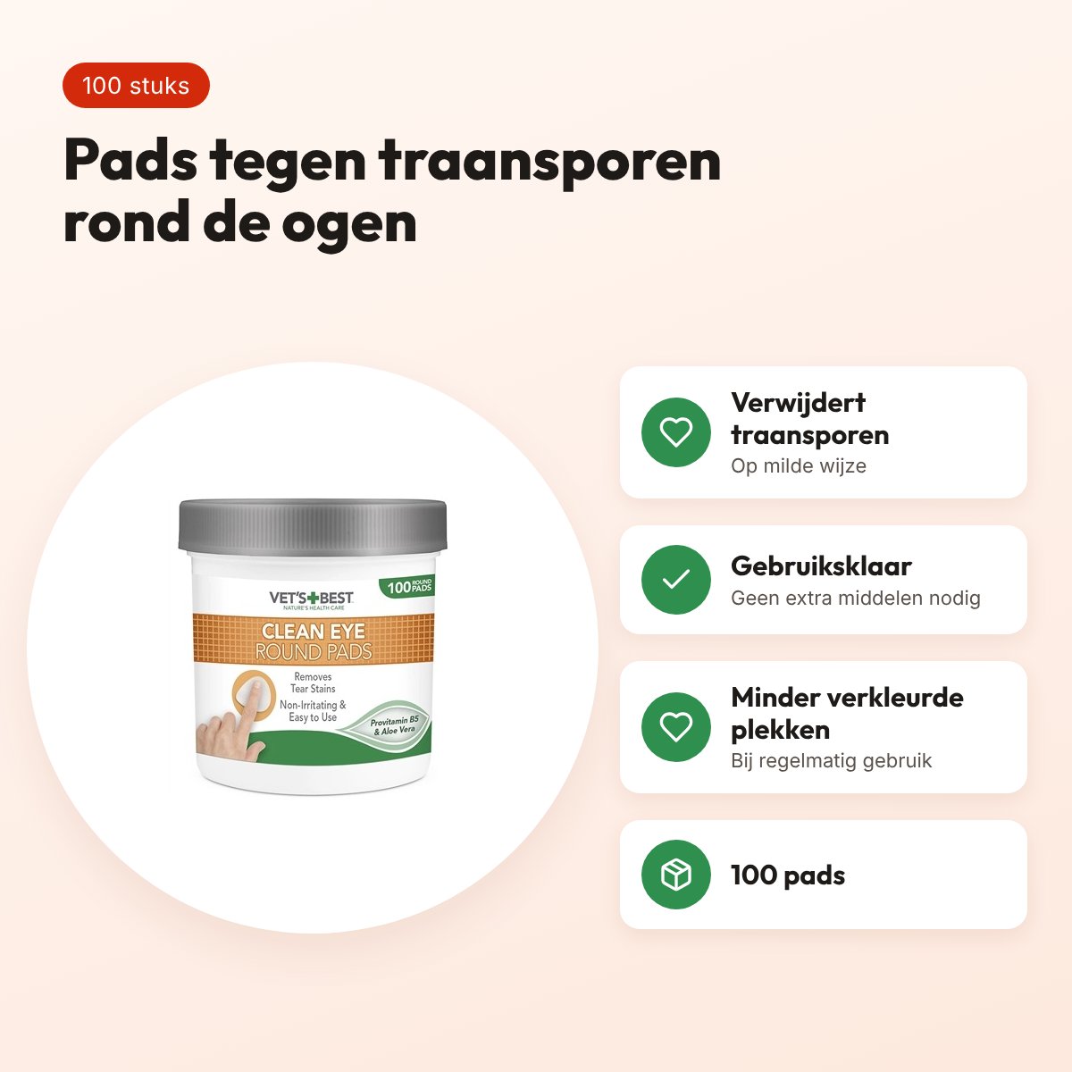 Vet's Best Clean Eye round pads 100 stuks – traansporen hond – voordelen
