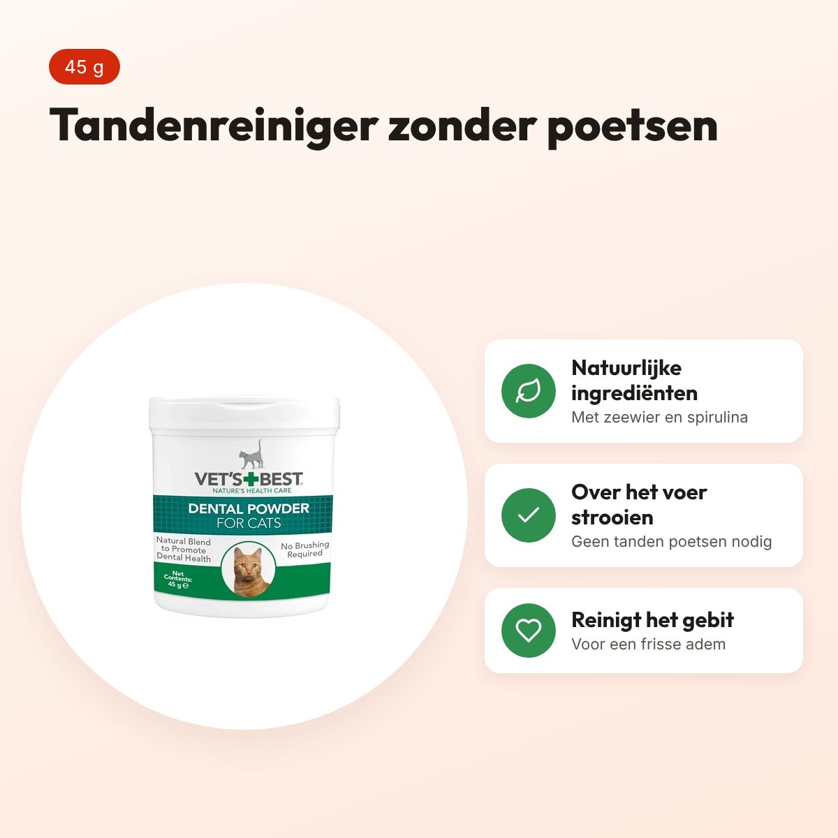 Vet's Best Dental Powder kat 45 g – tandenreiniger zonder poetsen – voordelen