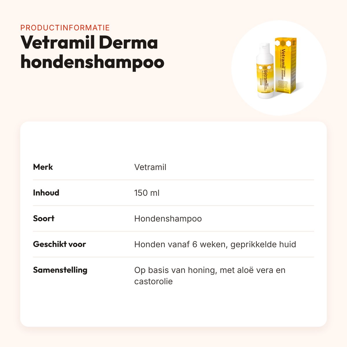 Vetramil Derma hondenshampoo 150 ml – honing en aloë vera, geprikkelde huid – productinformatie