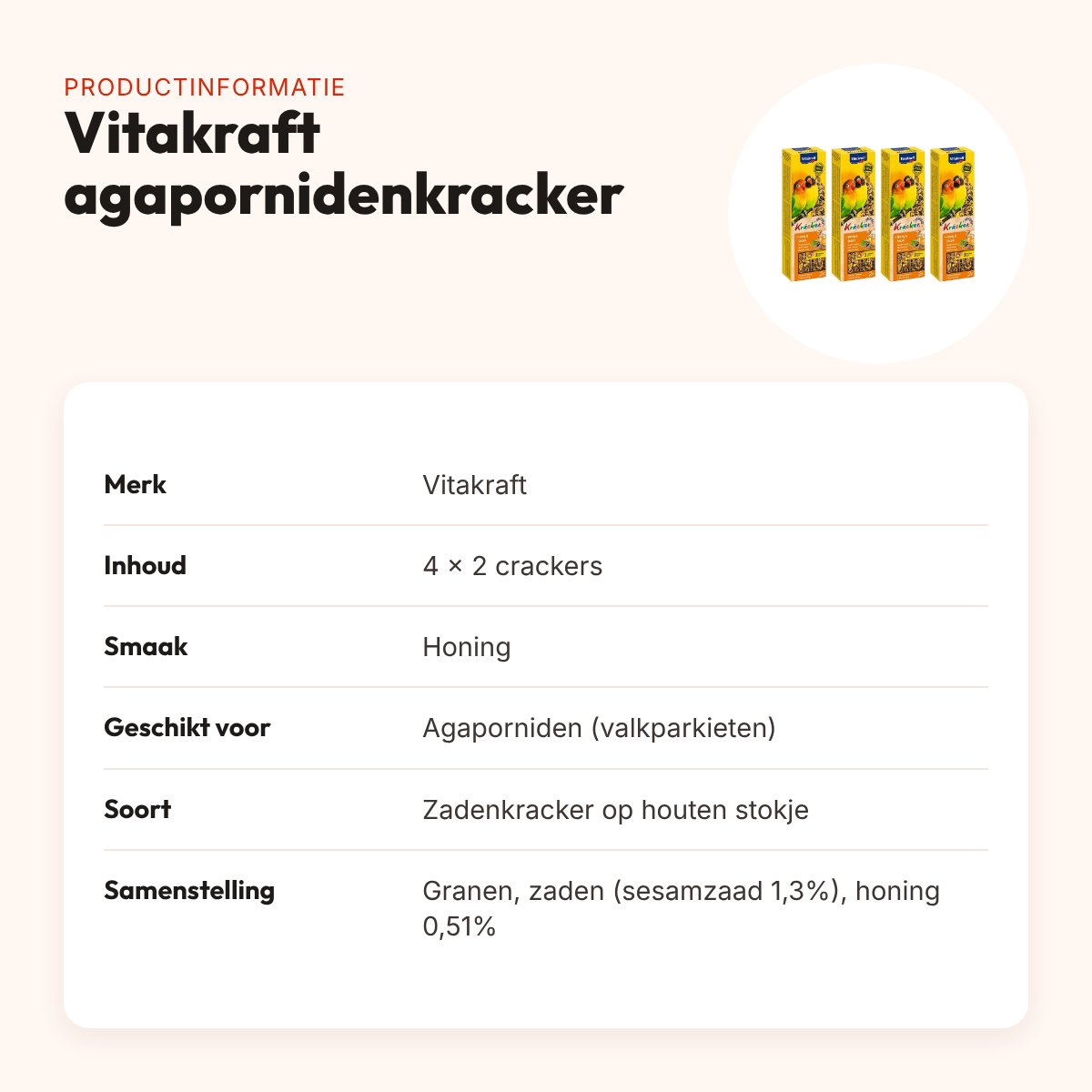 Vitakraft agapornidenkracker honing 2-in-1 – multipack 4 x 2 stuks – productinformatie