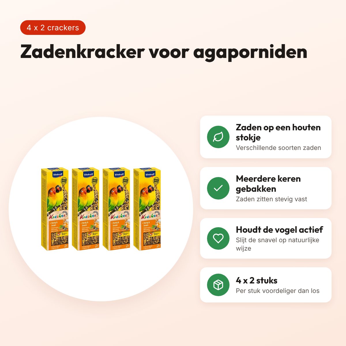 Vitakraft agapornidenkracker honing 2-in-1 – multipack 4 x 2 stuks – voordelen