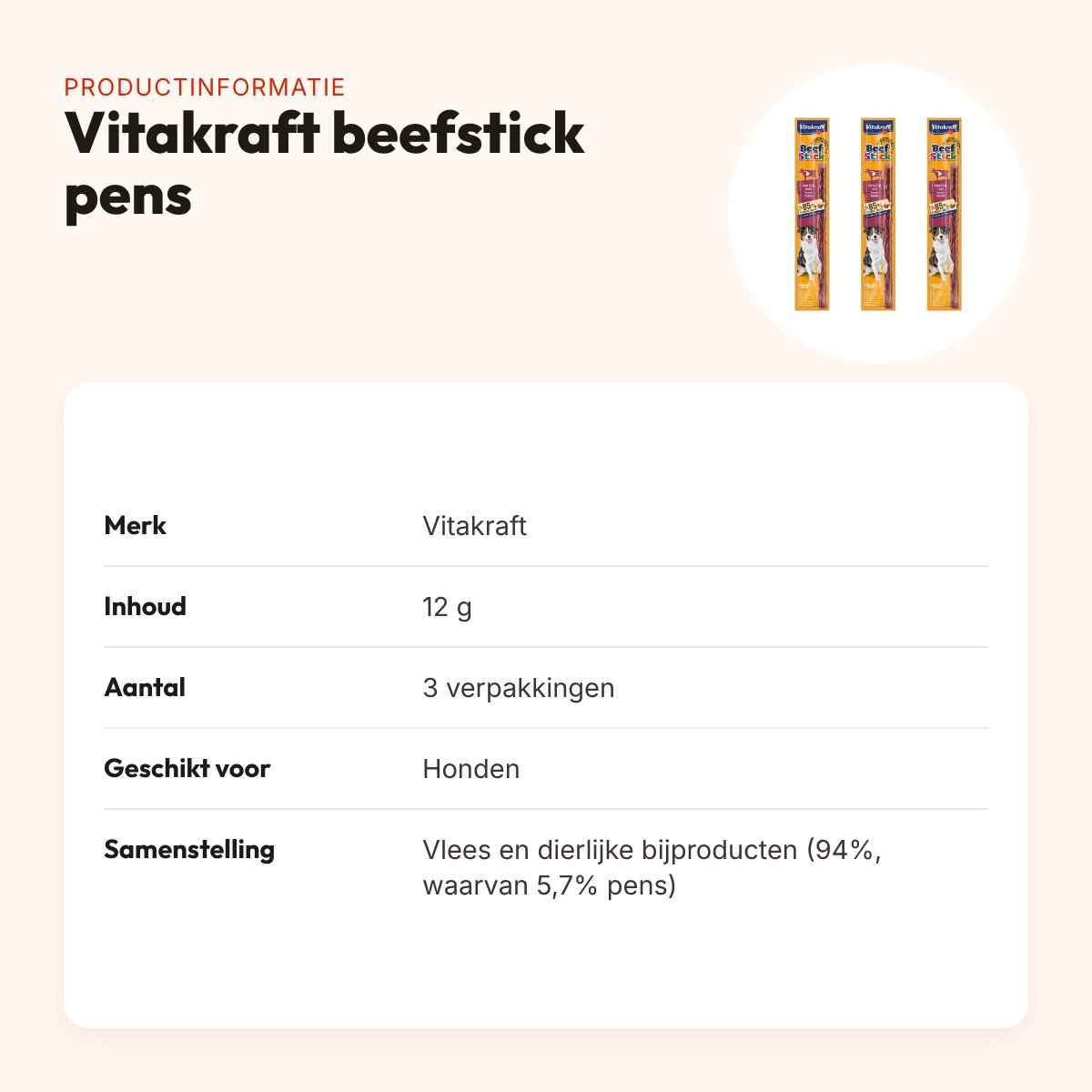 Vitakraft beefstick hond met pens 12 g – hartige snack – multipack 3 stuks – productinformatie
