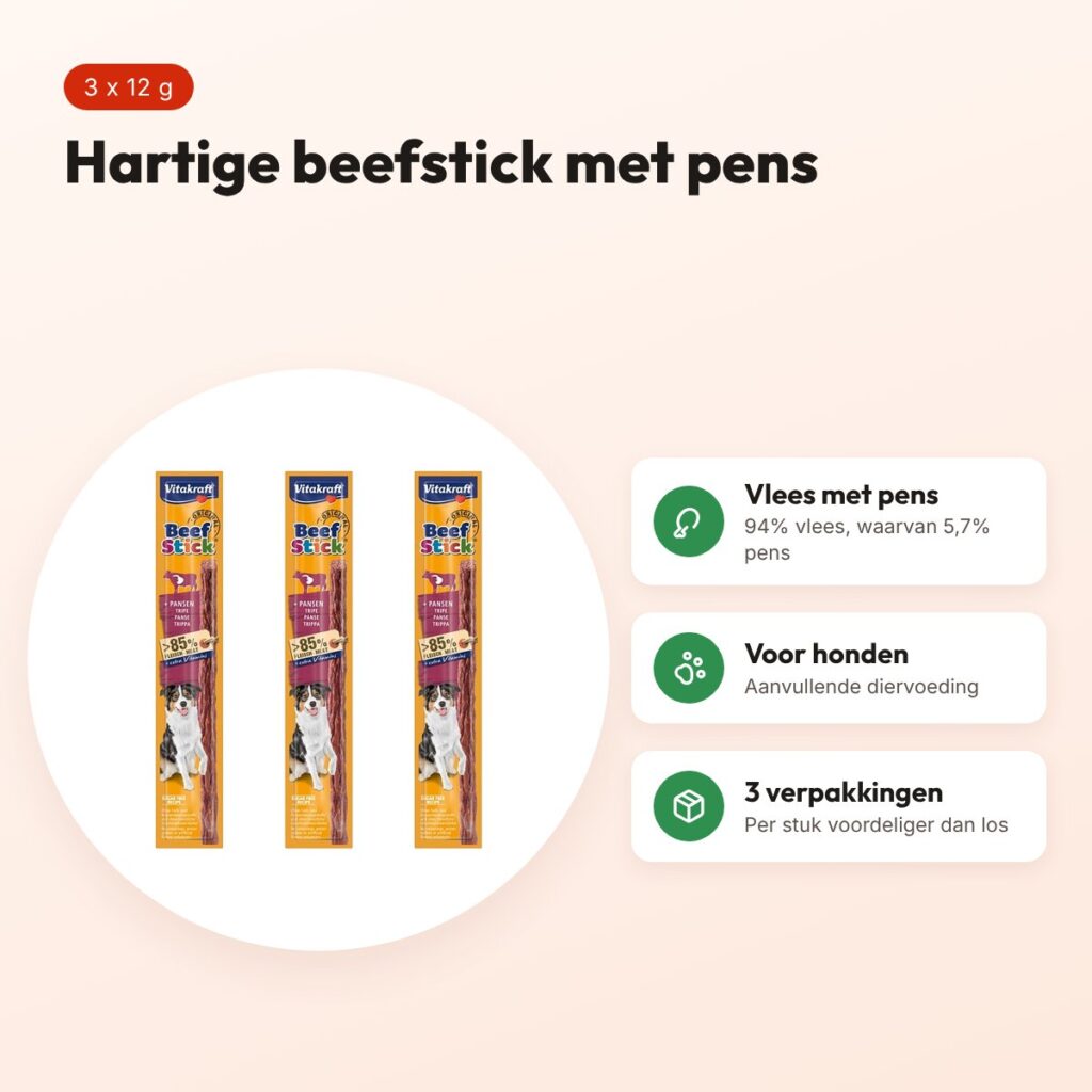 Vitakraft beefstick hond met pens 12 g – hartige snack – multipack 3 stuks – voordelen
