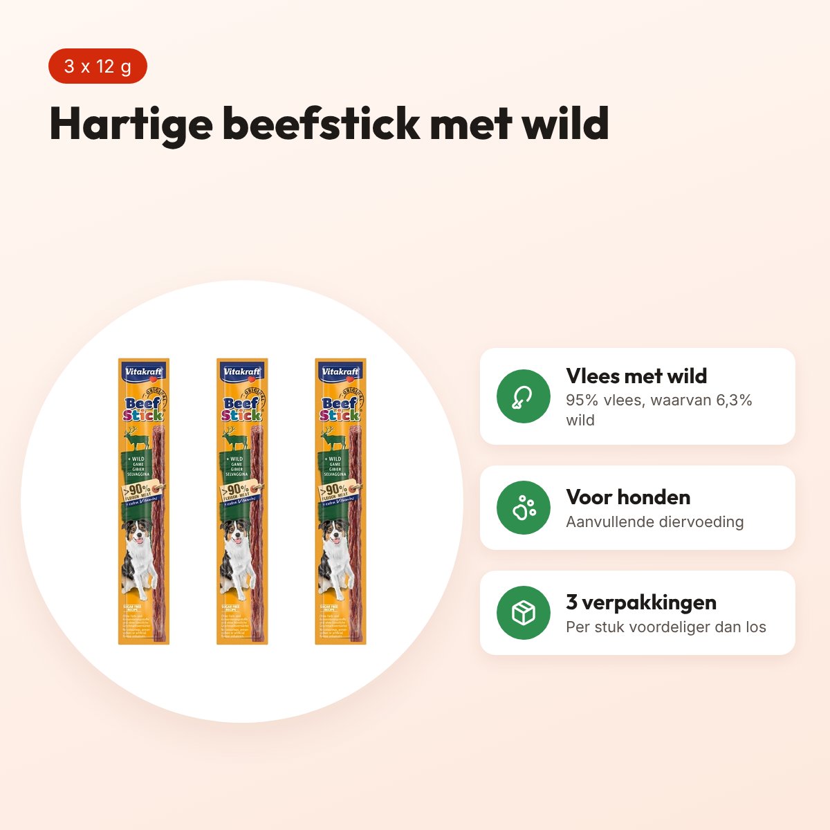 Vitakraft beefstick hond met wild 12 g – hartige snack – multipack 3 stuks – voordelen