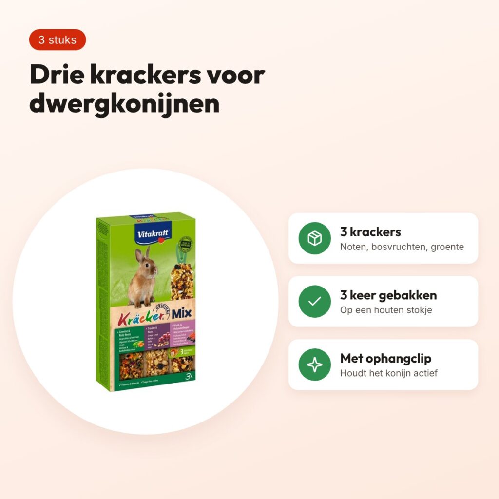 Vitakraft dwergkonijn kracker noten, bosvruchten, groente 3 in 1 – 3 stuks – voordelen