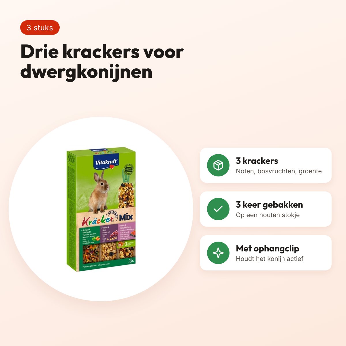 Vitakraft dwergkonijn kracker noten, bosvruchten, groente 3 in 1 – 3 stuks – voordelen