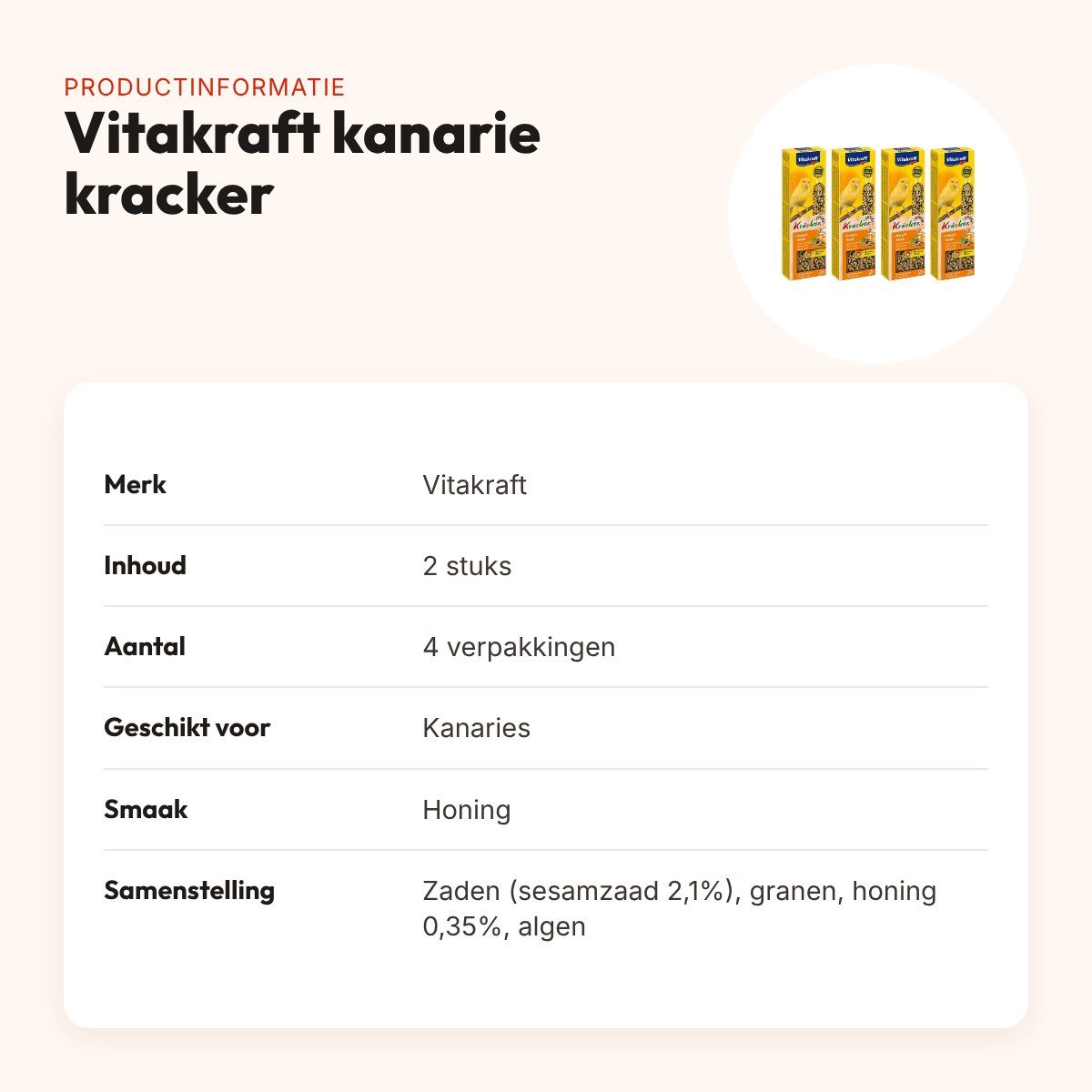 Vitakraft kanarie kracker honing 2 in 1 – multipack 4 x 2 stuks – productinformatie