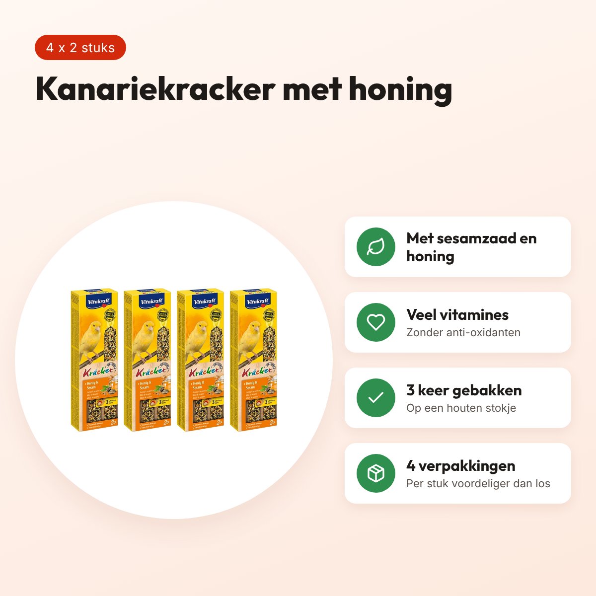 Vitakraft kanarie kracker honing 2 in 1 – multipack 4 x 2 stuks – voordelen