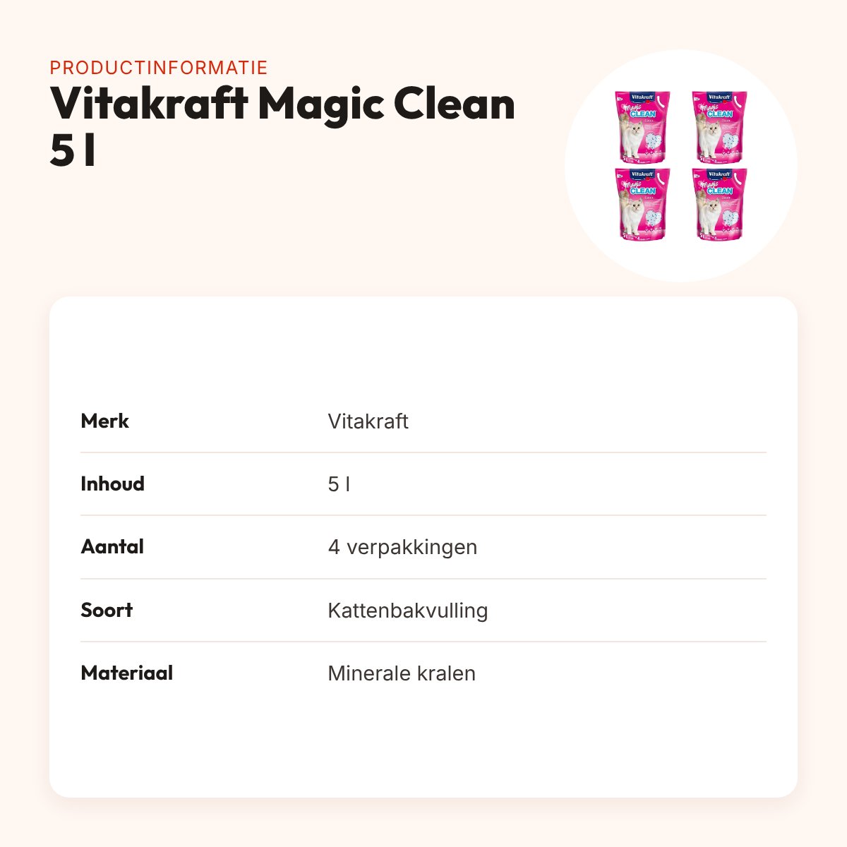 Vitakraft Magic Clean kattenbakvulling 5 l – multipack 4 stuks – productinformatie