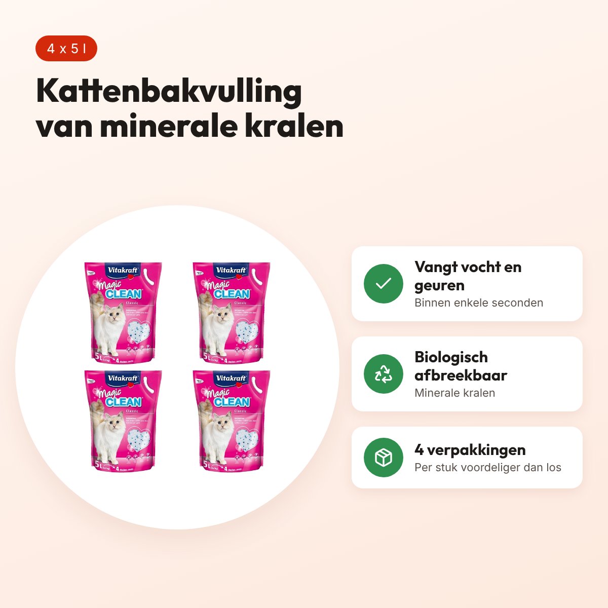 Vitakraft Magic Clean kattenbakvulling 5 l – multipack 4 stuks – voordelen