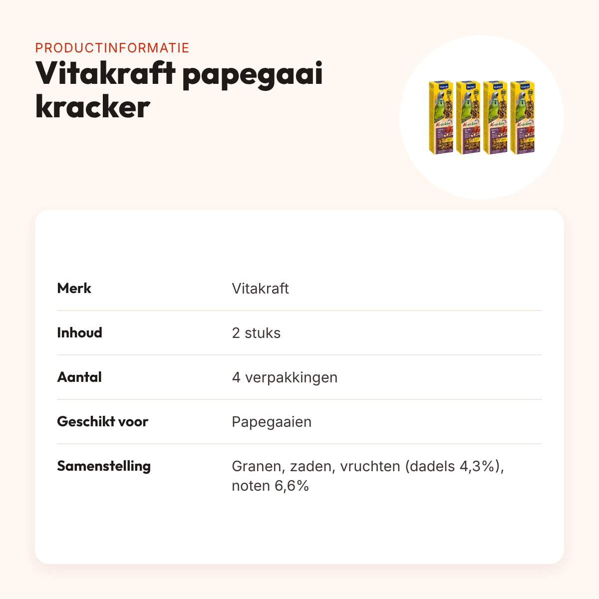 Vitakraft papegaai kracker fruit en noot 2 in 1 – multipack 4 x 2 stuks – productinformatie