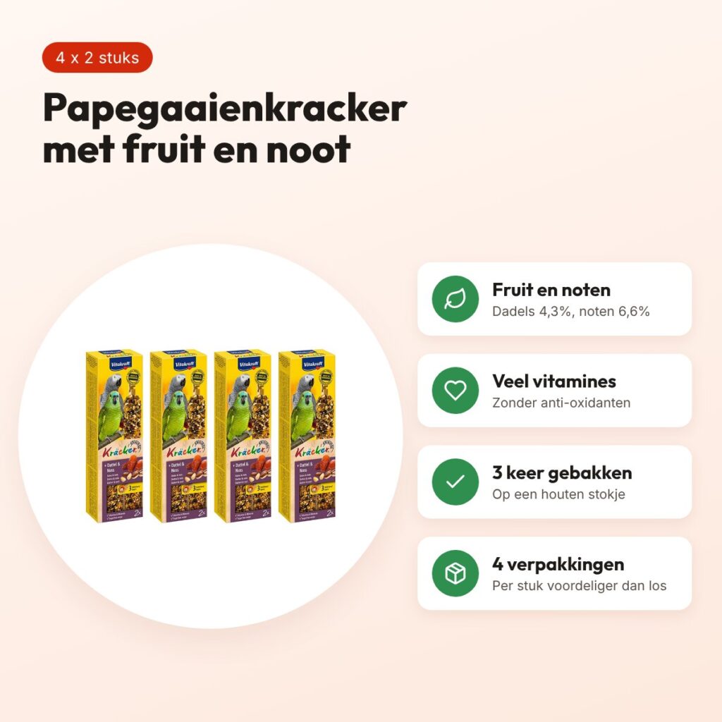 Vitakraft papegaai kracker fruit en noot 2 in 1 – multipack 4 x 2 stuks – voordelen