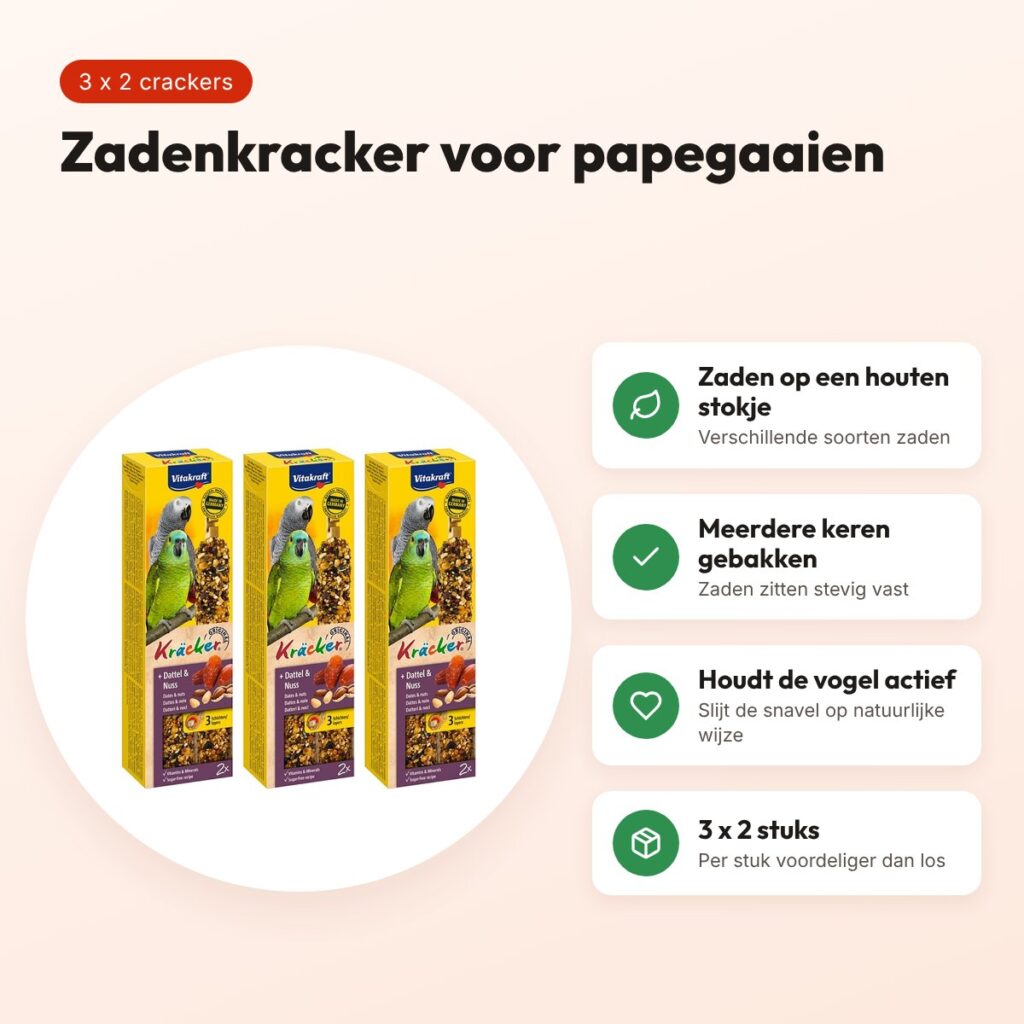 Vitakraft papegaaienkracker fruit en noot 2-in-1 – multipack 3 x 2 stuks – voordelen