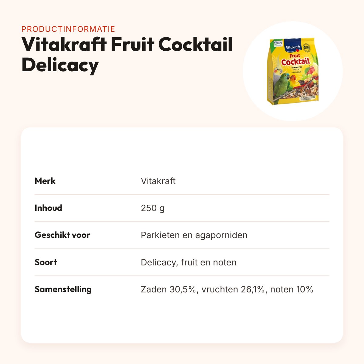 Vitakraft Parkiet/Agapornis Fruit Cocktail Delicacy 250 g – fruit en noten – productinformatie