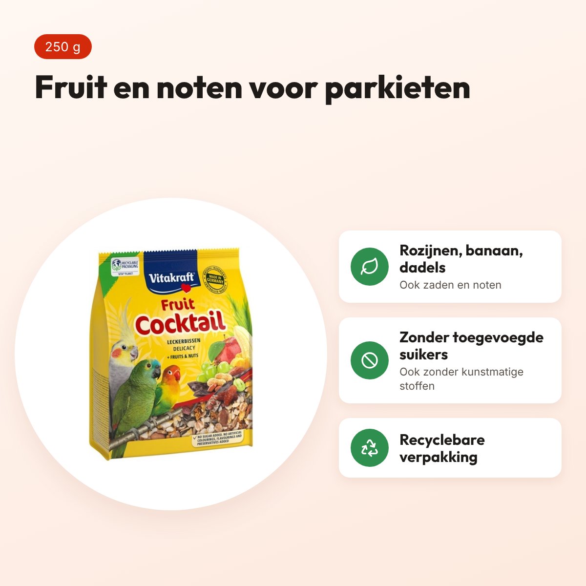 Vitakraft Parkiet/Agapornis Fruit Cocktail Delicacy 250 g – fruit en noten – voordelen