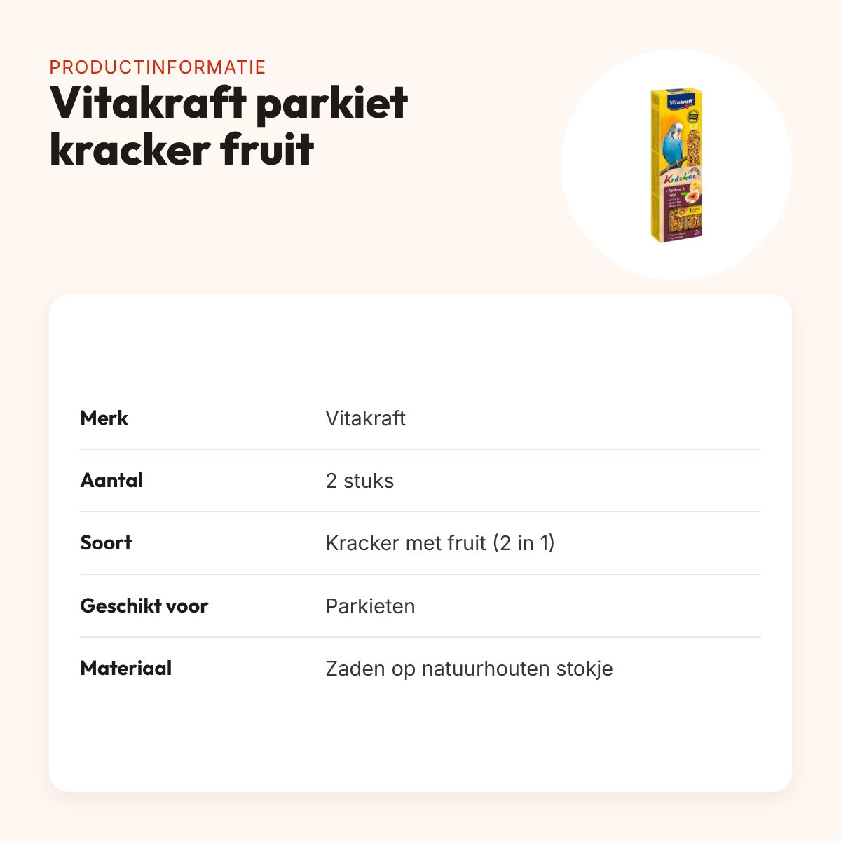 Vitakraft parkiet kracker fruit 2 in 1 – 2 stuks – productinformatie