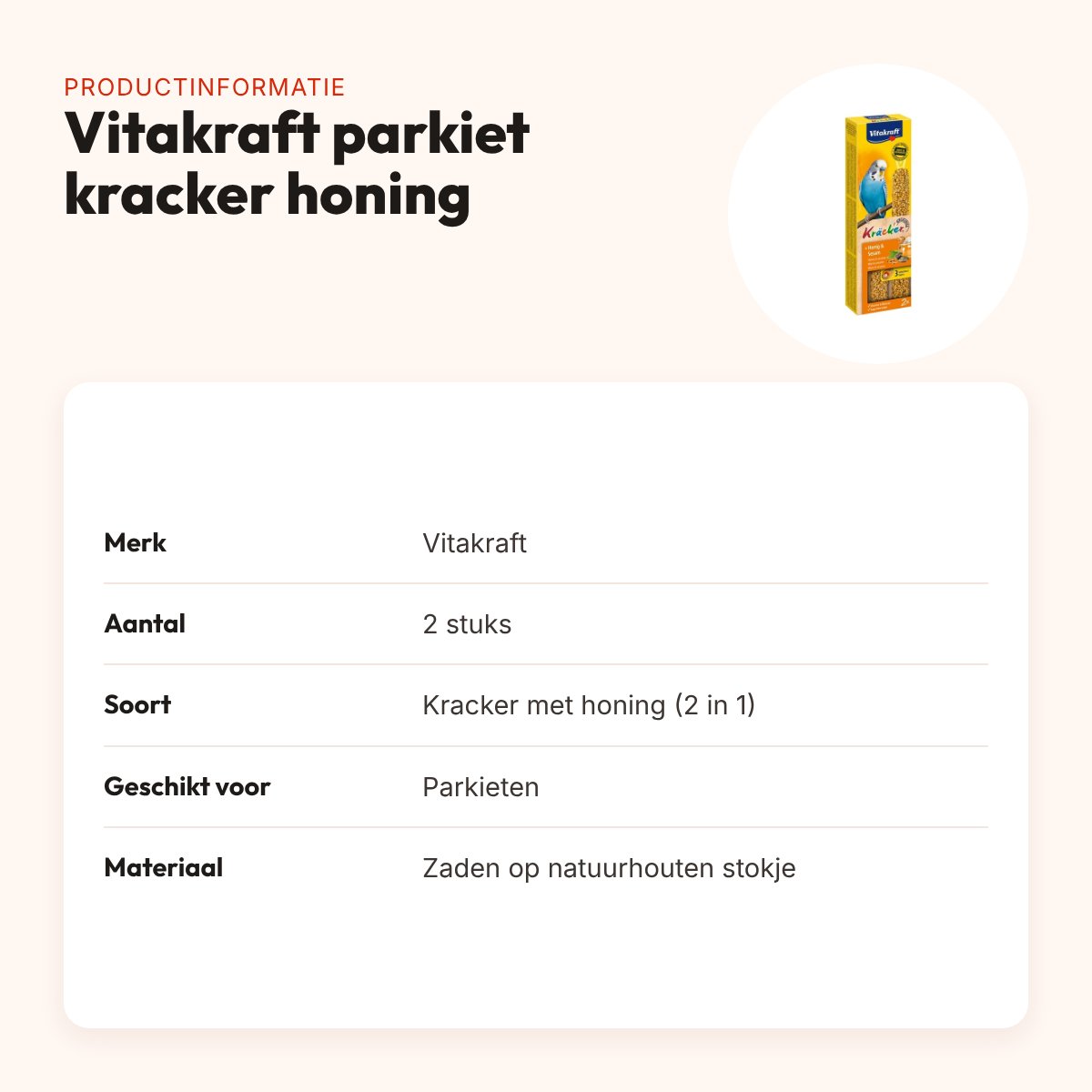 Vitakraft parkiet kracker honing 2 in 1 – 2 stuks – productinformatie