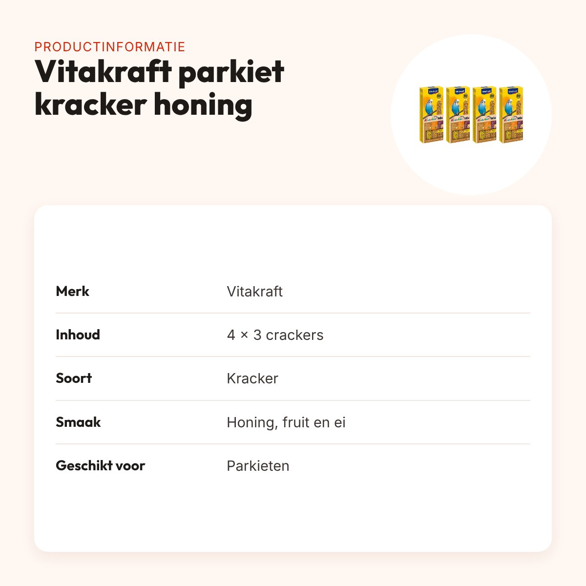 Vitakraft parkiet kracker honing, fruit en ei – multipack 4 x 3 stuks – productinformatie