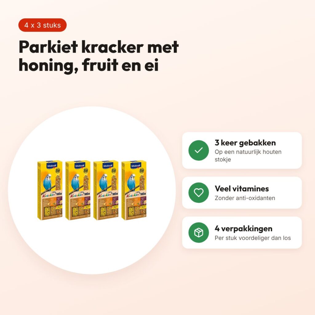 Vitakraft parkiet kracker honing, fruit en ei – multipack 4 x 3 stuks – voordelen