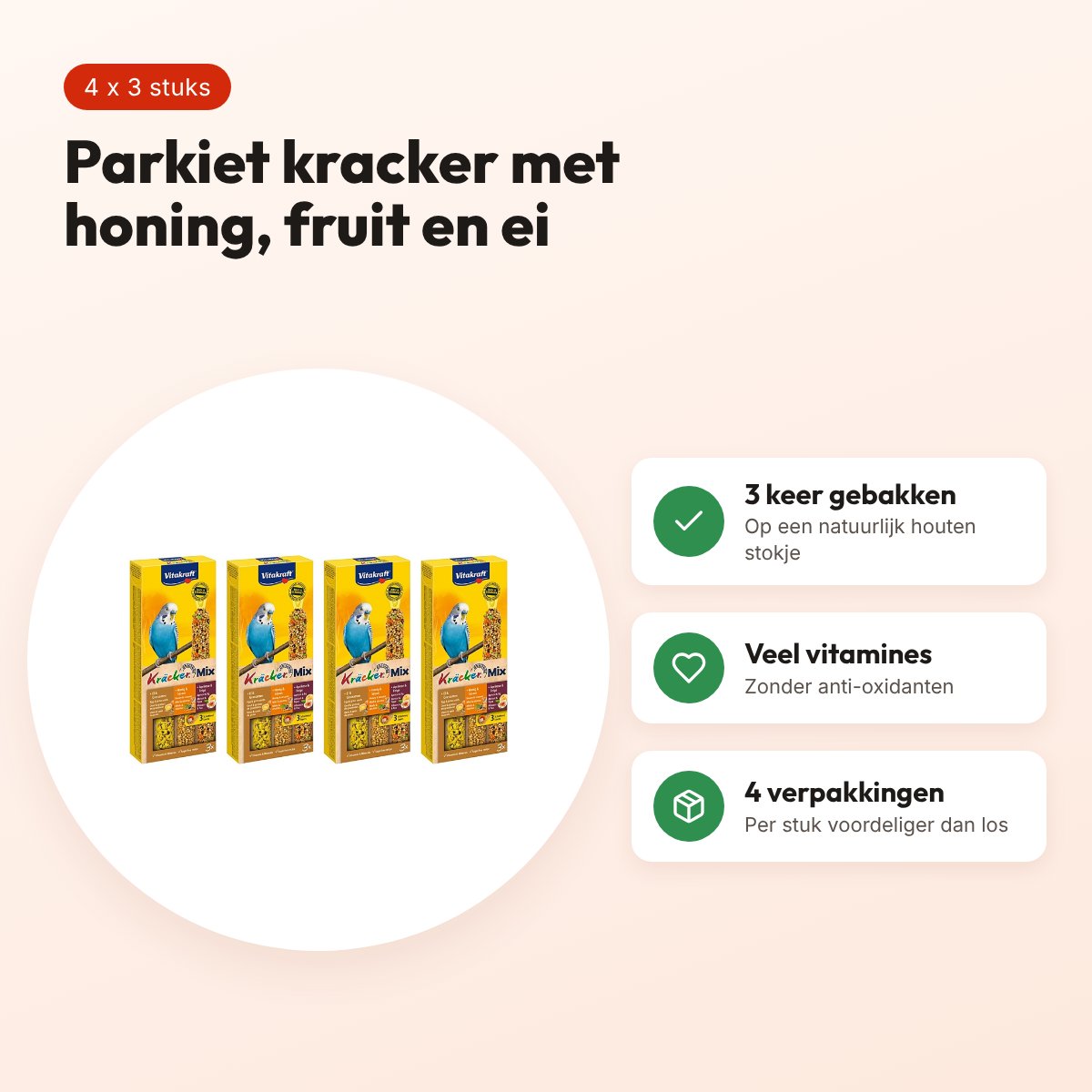 Vitakraft parkiet kracker honing, fruit en ei – multipack 4 x 3 stuks – voordelen