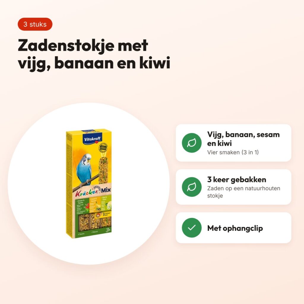 Vitakraft parkiet kracker vijg, banaan, sesam en kiwi 3 in 1 – 3 stuks – voordelen